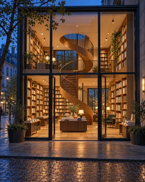 Spiral Staircase Bookshop · Blue Hour Glow