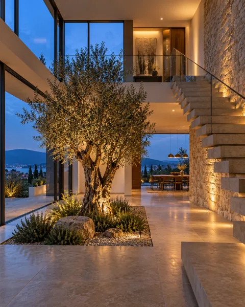 Floating Staircase Atrium · Blue Hour Glow