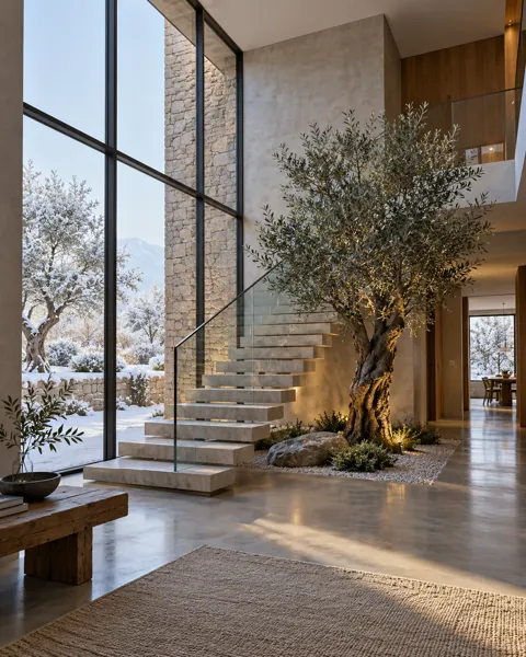 Floating Staircase Atrium · Winter First Snow