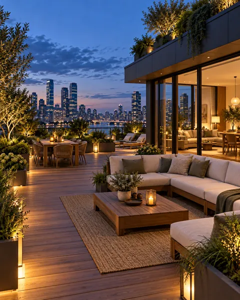 Rooftop Garden Terrace · Blue Hour Glow