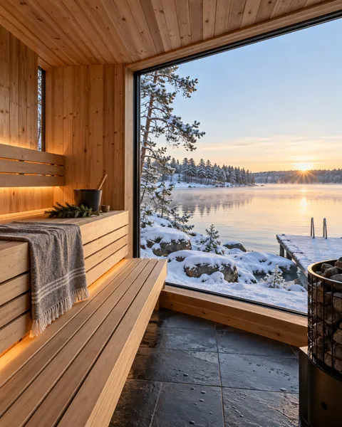 Nordic Sauna Cabin · Winter First Snow