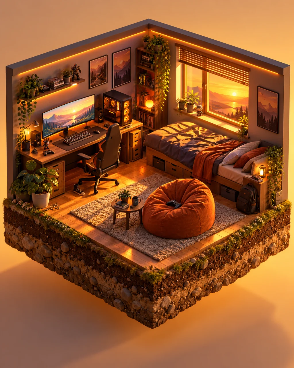 Cozy Gaming Bedroom · Warm Sunset