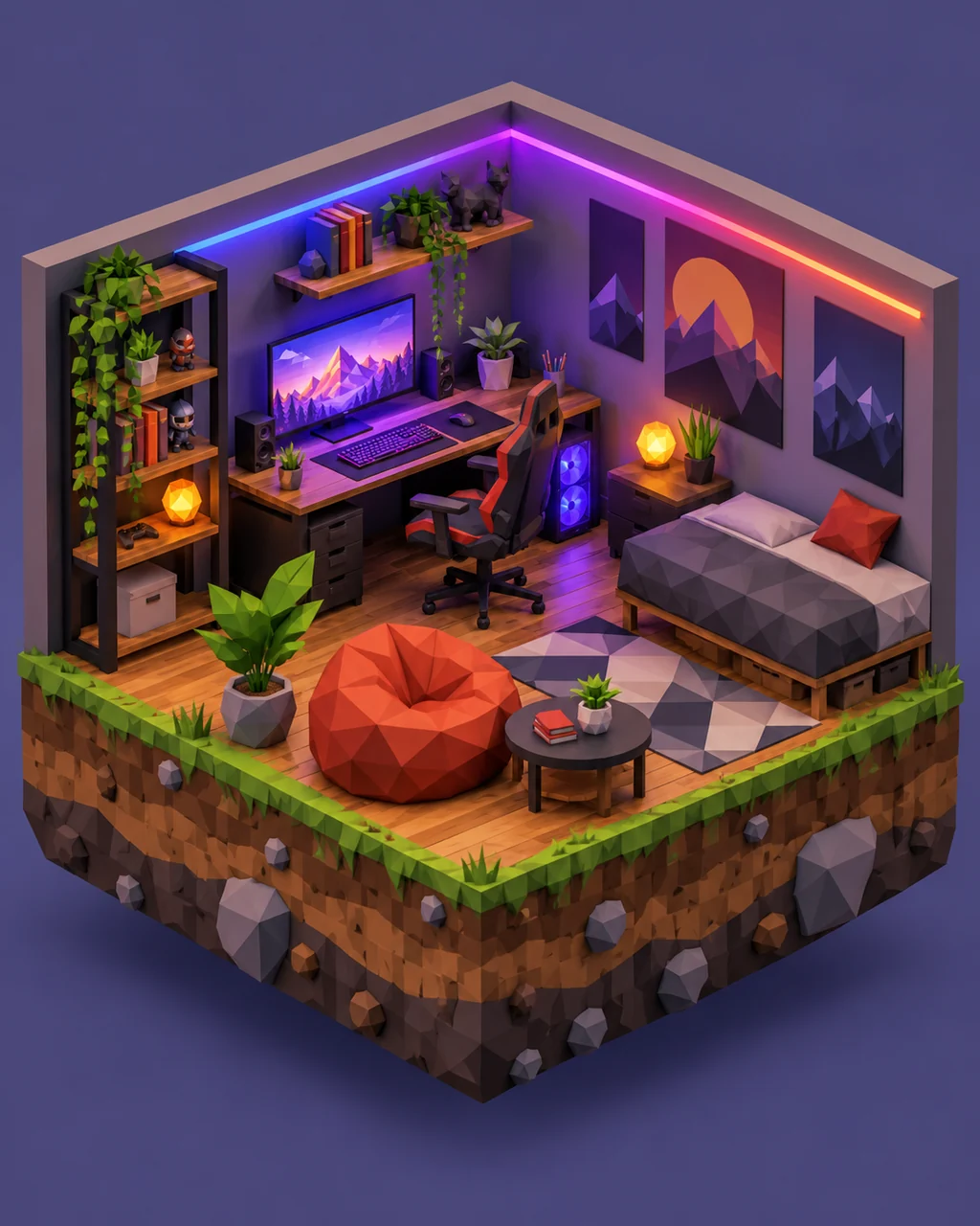 Cozy Gaming Bedroom · Low-poly Matte