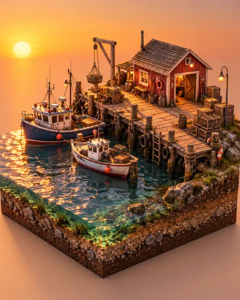 Tiny Harbor Dock · Warm Sunset