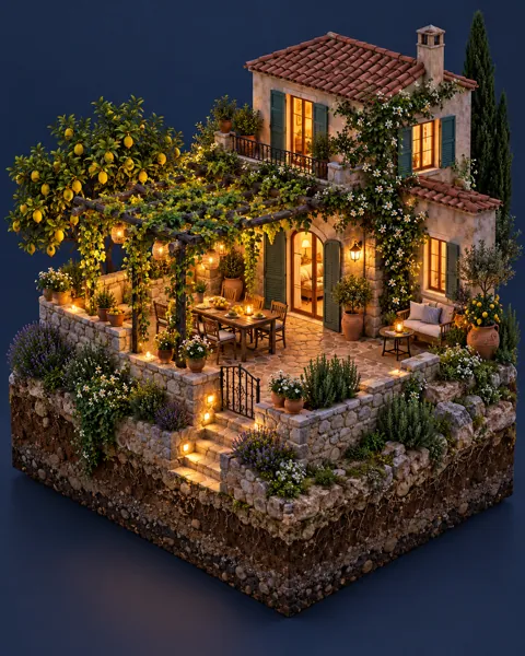 Mediterranean Villa Terrace · Glowing Night