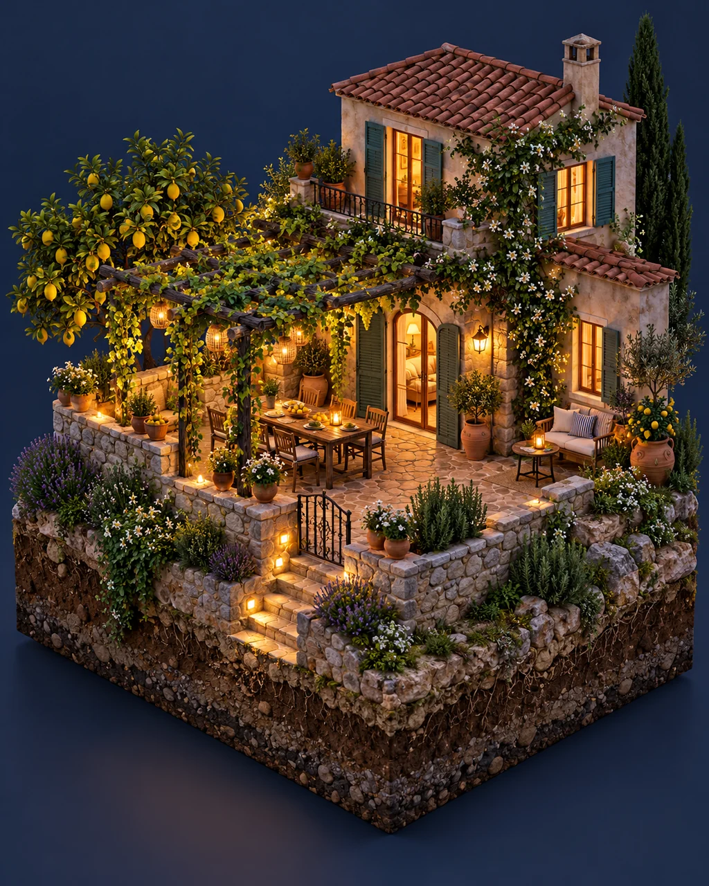 Mediterranean Villa Terrace · Glowing Night