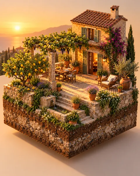 Mediterranean Villa Terrace · Warm Sunset