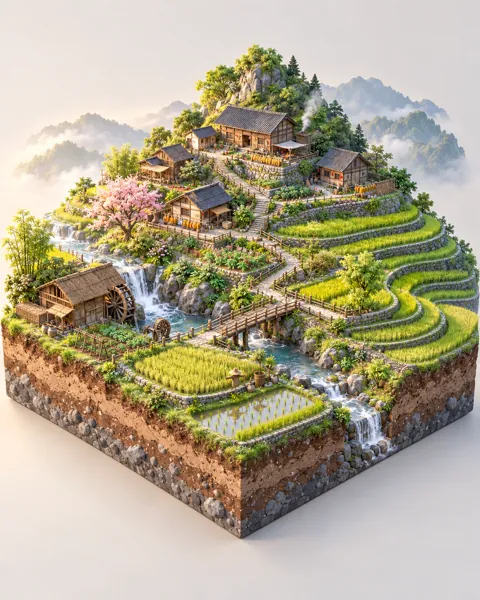 Rice Terrace Village · Pastel Morning