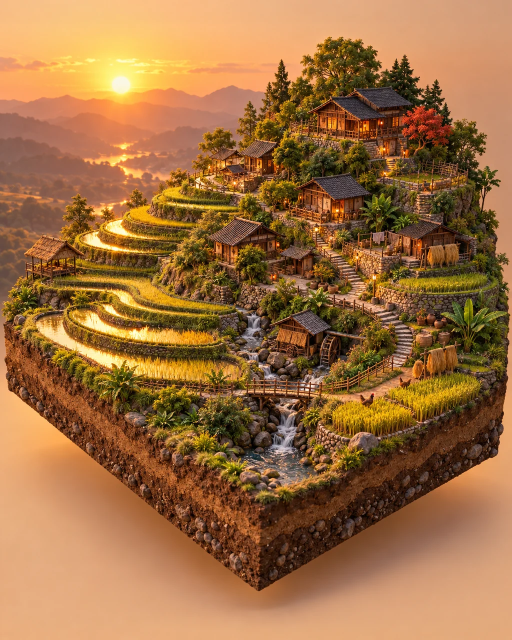 Rice Terrace Village · Warm Sunset