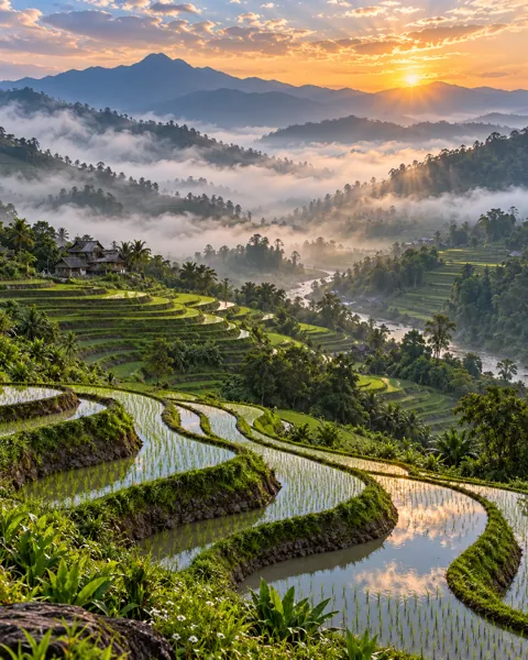Terraced Rice Fields · Misty Morning