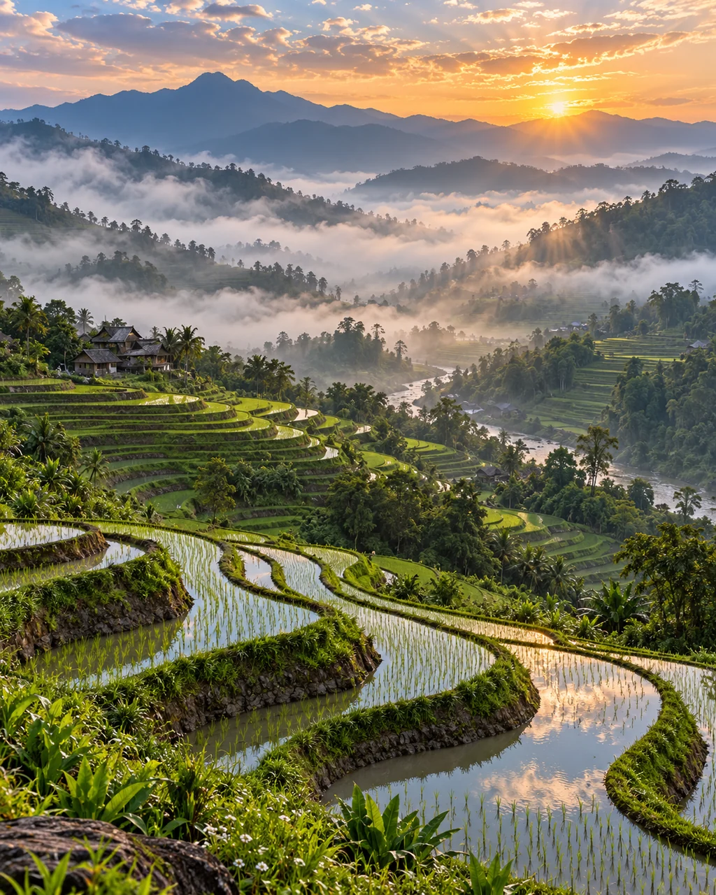 Terraced Rice Fields · Misty Morning