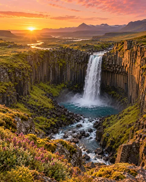 Basalt Column Waterfall · Golden Sunrise