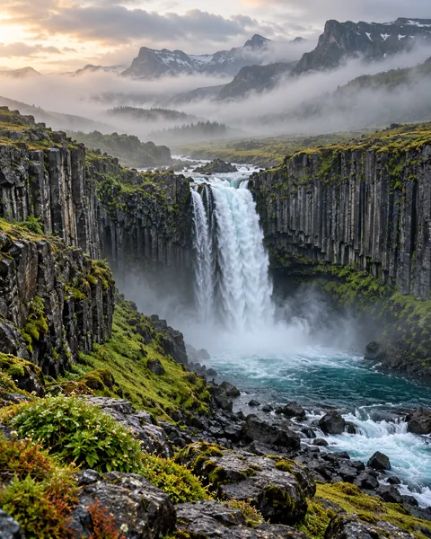 Basalt Column Waterfall · Misty Morning