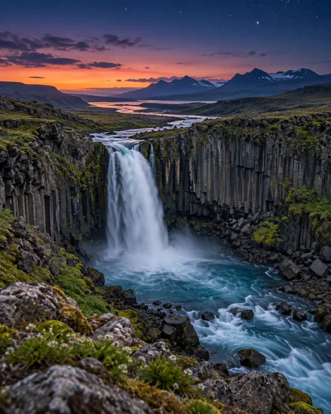 Basalt Column Waterfall · Blue Hour Stars