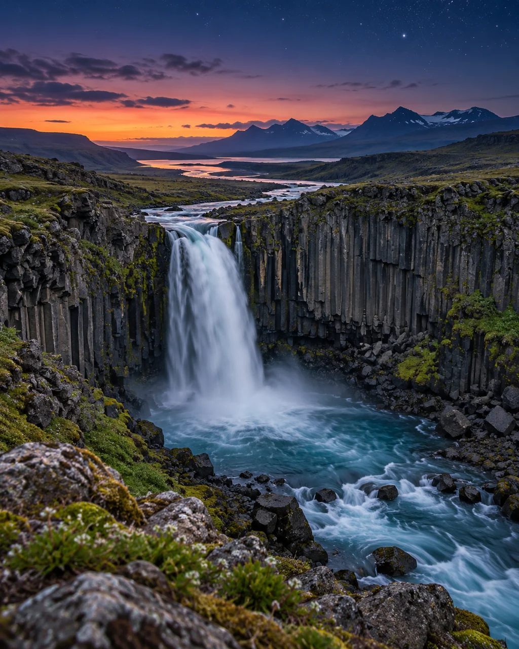 Basalt Column Waterfall · Blue Hour Stars