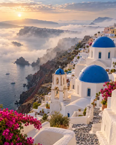 Whitewashed Cliff Village · Misty Morning