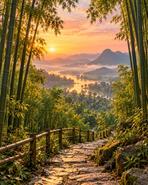 Bamboo Forest Path · Golden Sunrise