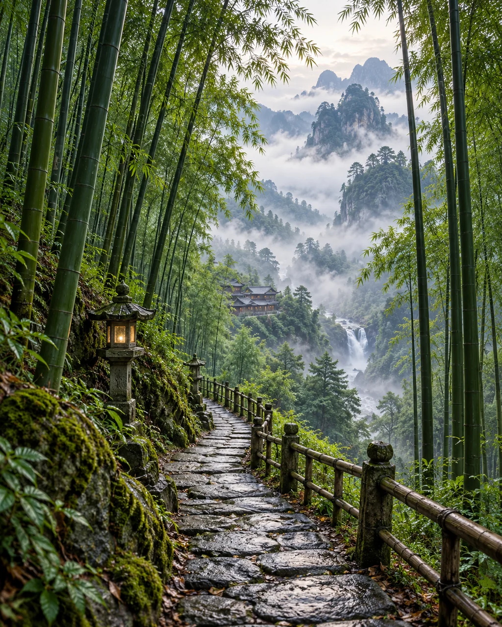 Bamboo Forest Path · Misty Morning