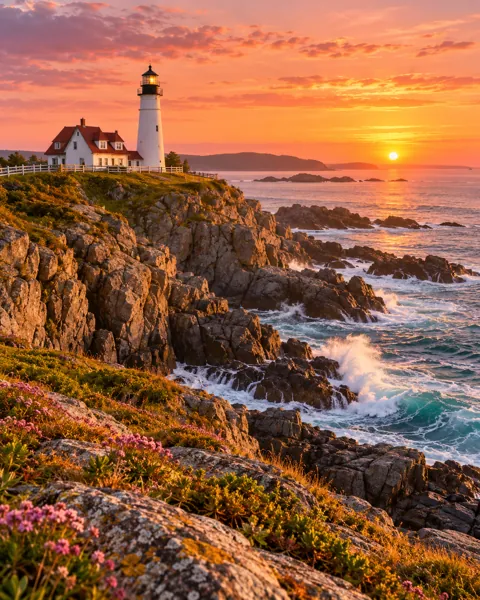 Rocky Coast Lighthouse · Golden Sunrise