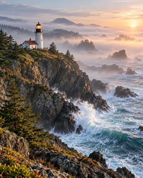 Rocky Coast Lighthouse · Misty Morning