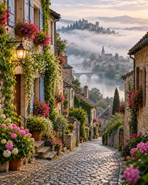 Cobblestone Old Town Lane · Misty Morning