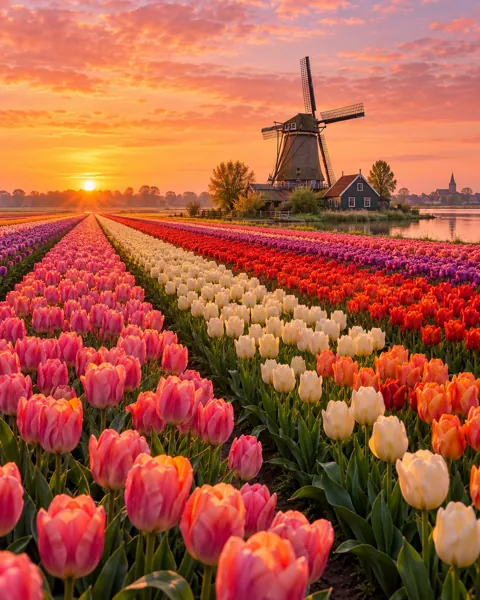 Tulip Fields and Windmill · Golden Sunrise