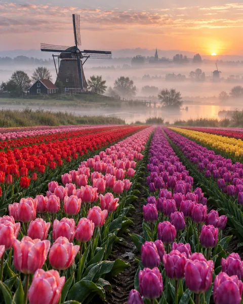 Tulip Fields and Windmill · Misty Morning