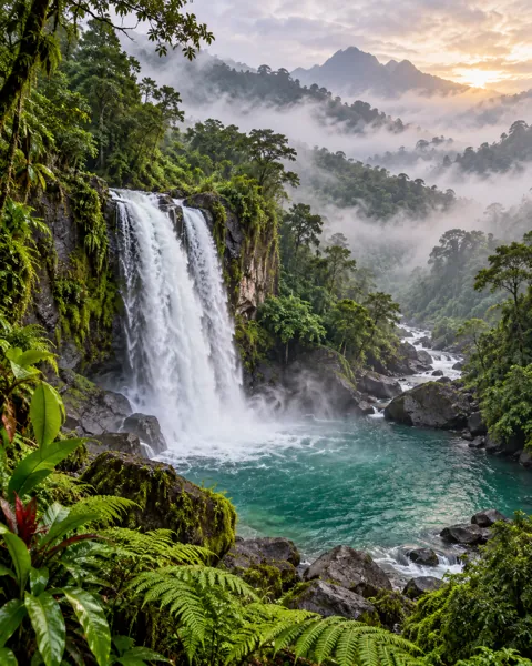 Rainforest Waterfall Pool · Misty Morning