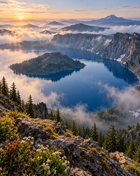 Volcanic Crater Lake · Misty Morning