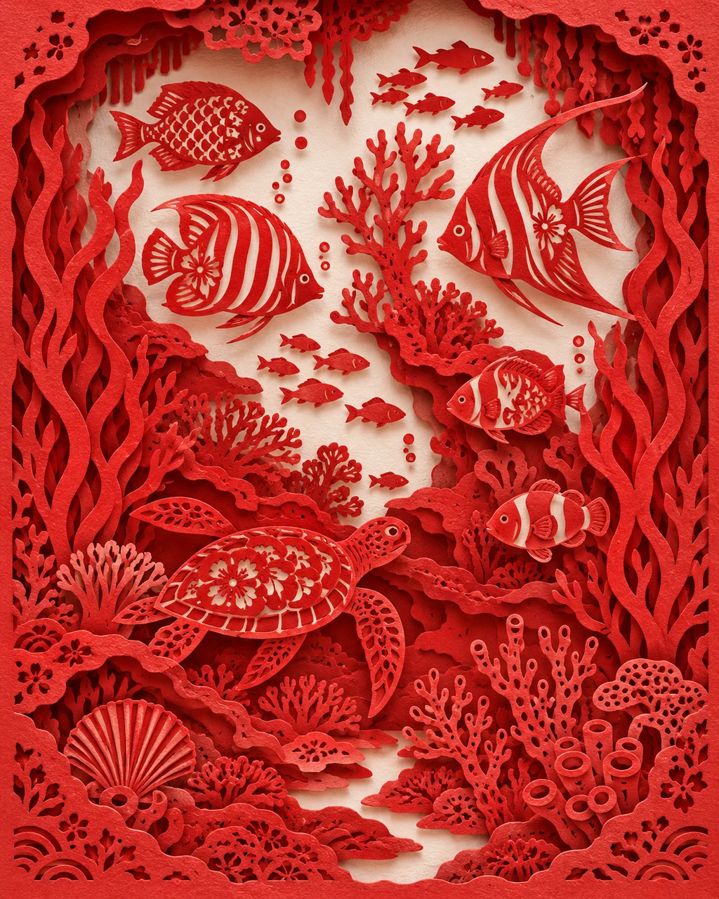 Coral Reef Seabed · Traditional Red Paper-cut