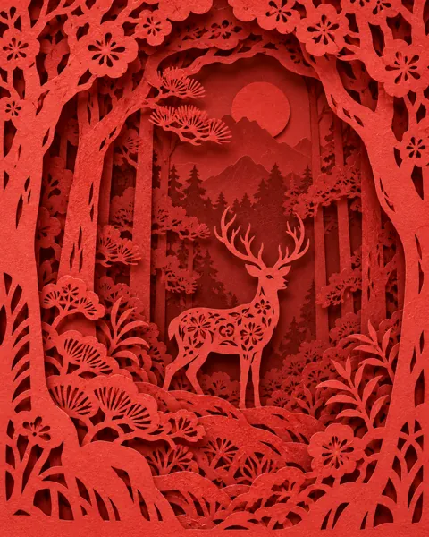 Deer in the Forest · Traditional Red Paper-cut