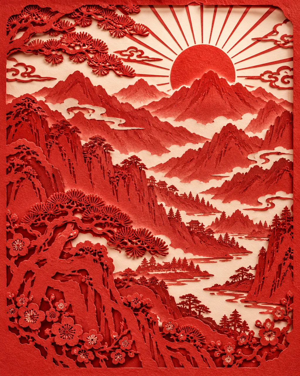 Mountain Range Sunrise · Traditional Red Paper-cut