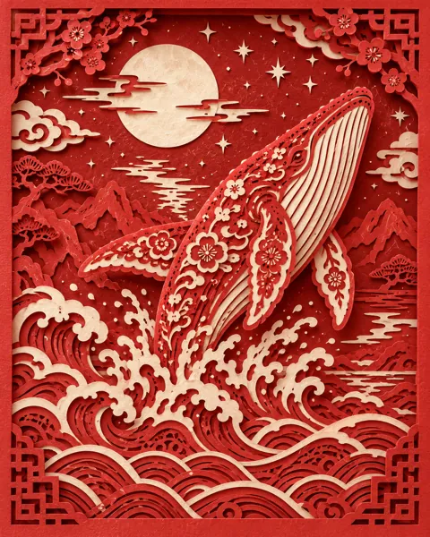 Whale Under the Stars · Traditional Red Paper-cut
