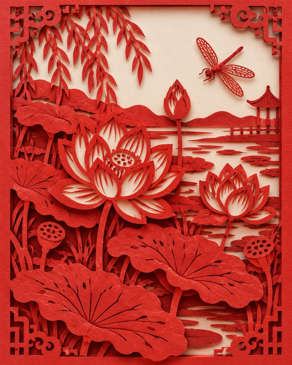 Lotus Pond · Traditional Red Paper-cut