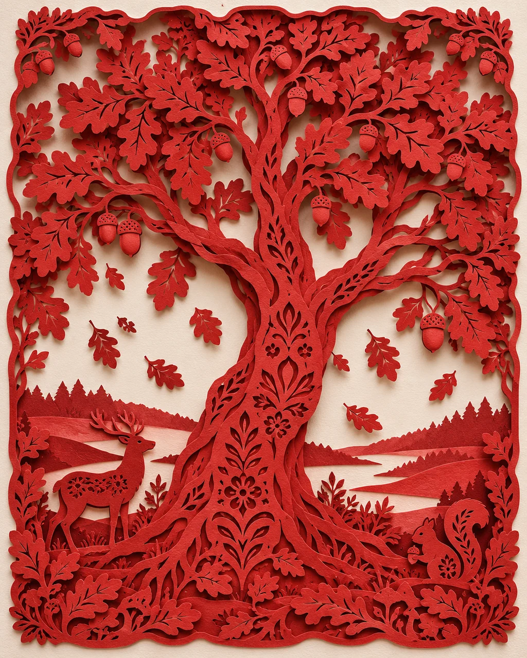 Autumn Oak Tree · Traditional Red Paper-cut