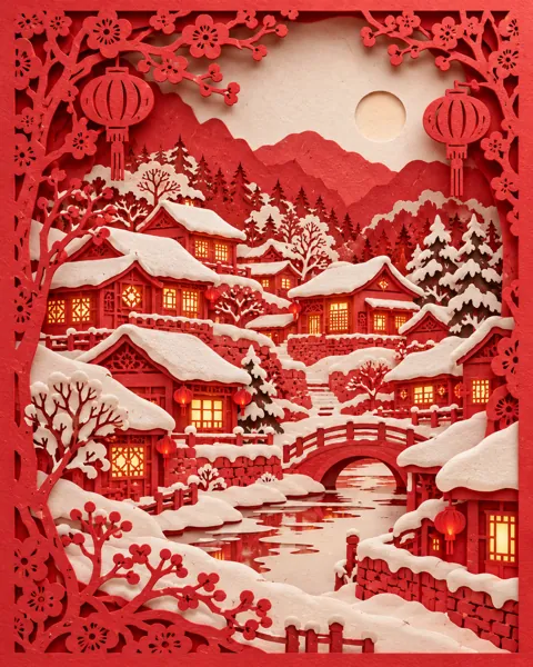 Snowy Village · Traditional Red Paper-cut