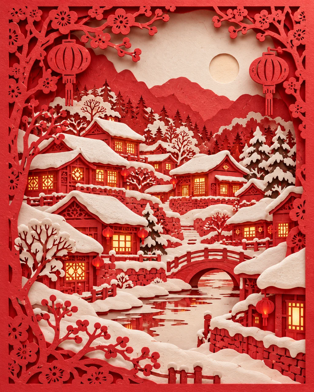 Snowy Village · Traditional Red Paper-cut