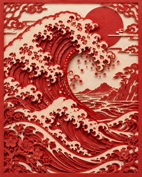 Ocean Wave Curl · Traditional Red Paper-cut