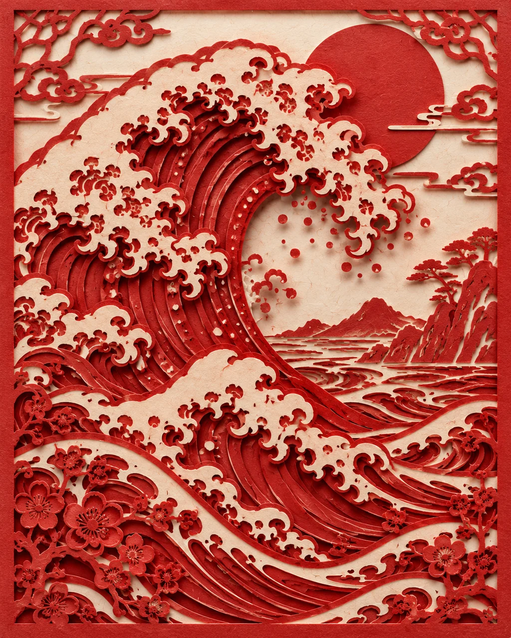 Ocean Wave Curl · Traditional Red Paper-cut