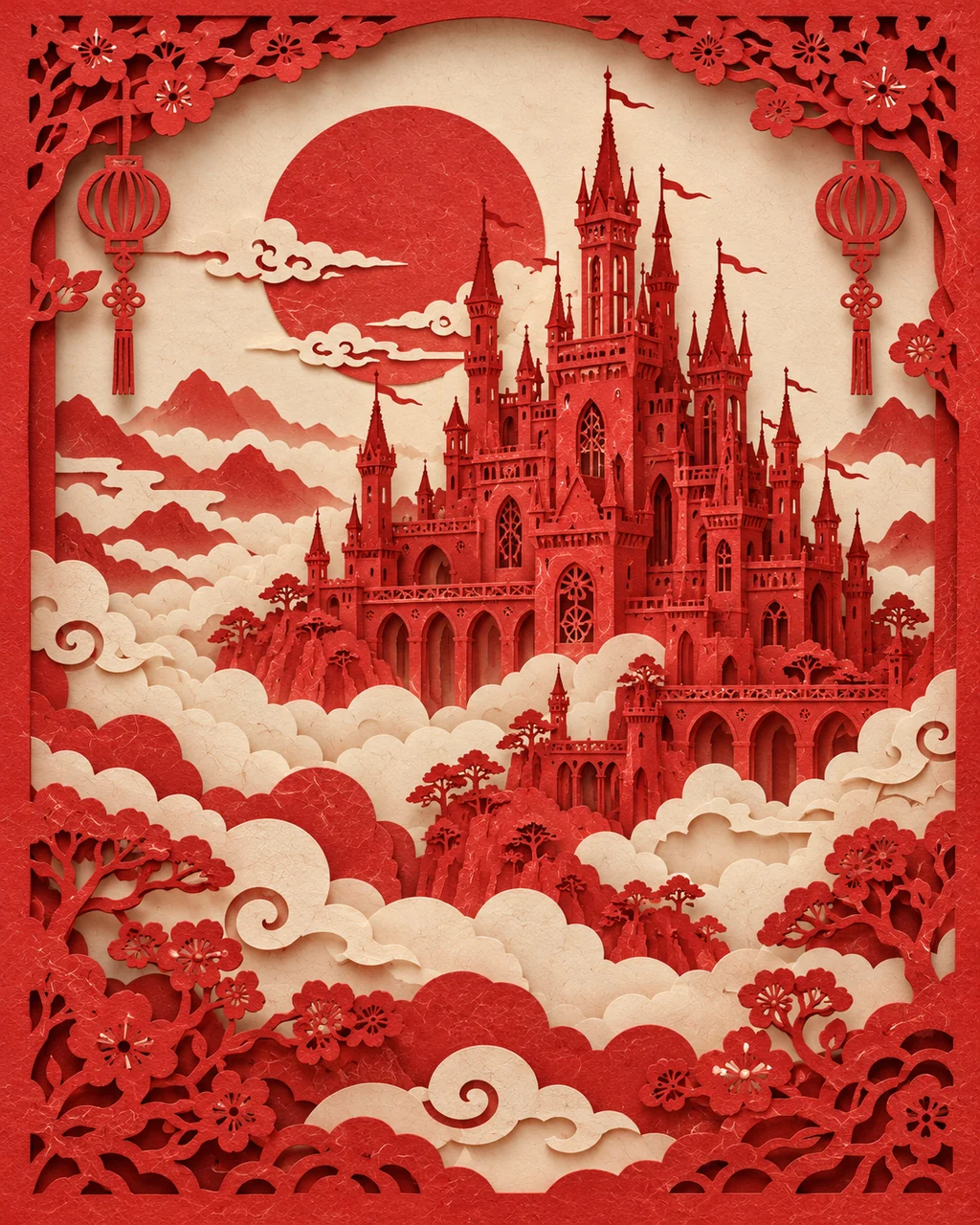 Castle in the Clouds · Traditional Red Paper-cut