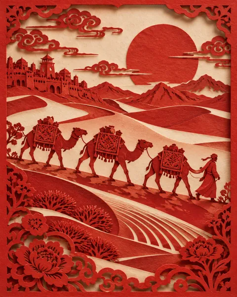 Desert Camel Caravan · Traditional Red Paper-cut