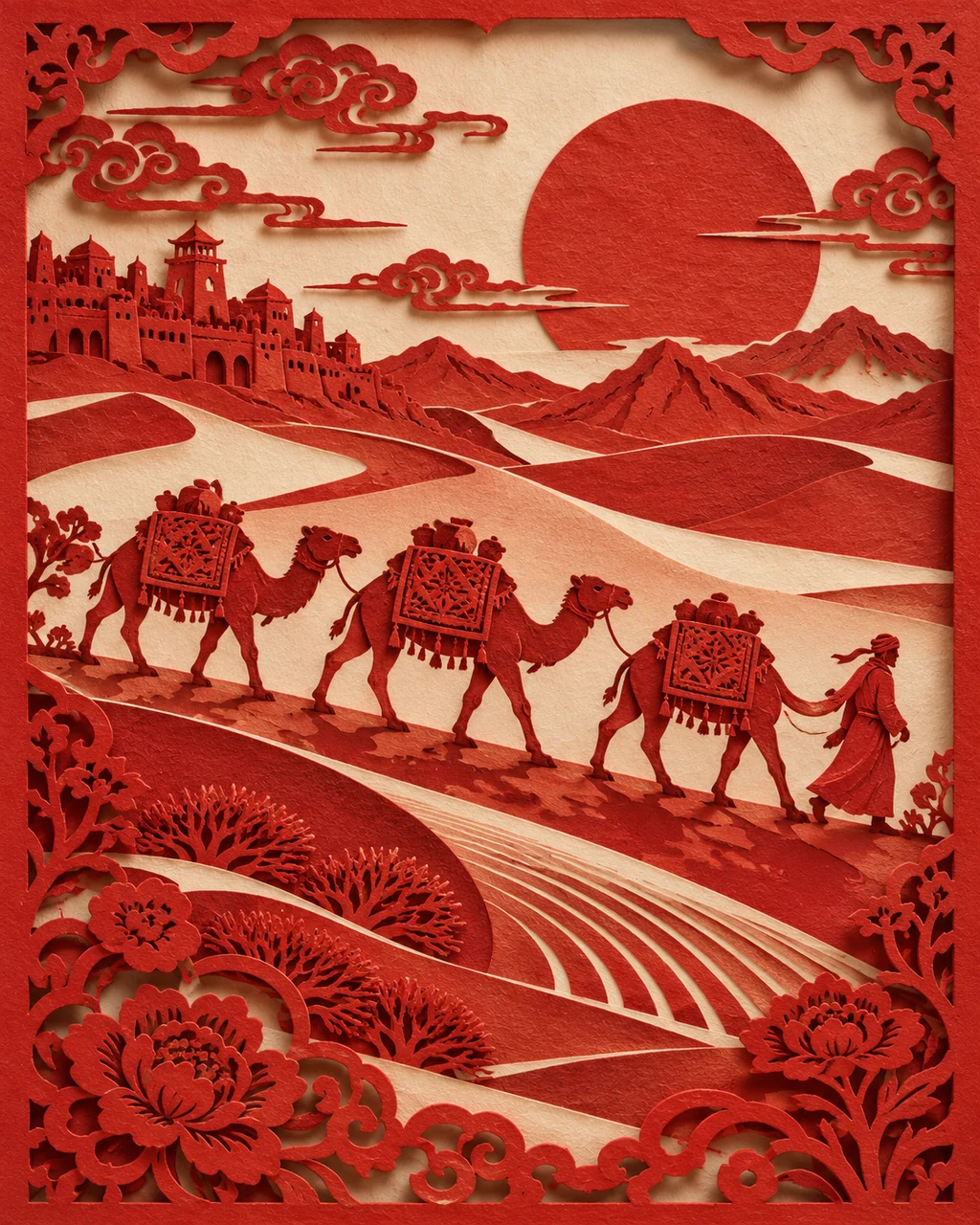 Desert Camel Caravan · Traditional Red Paper-cut