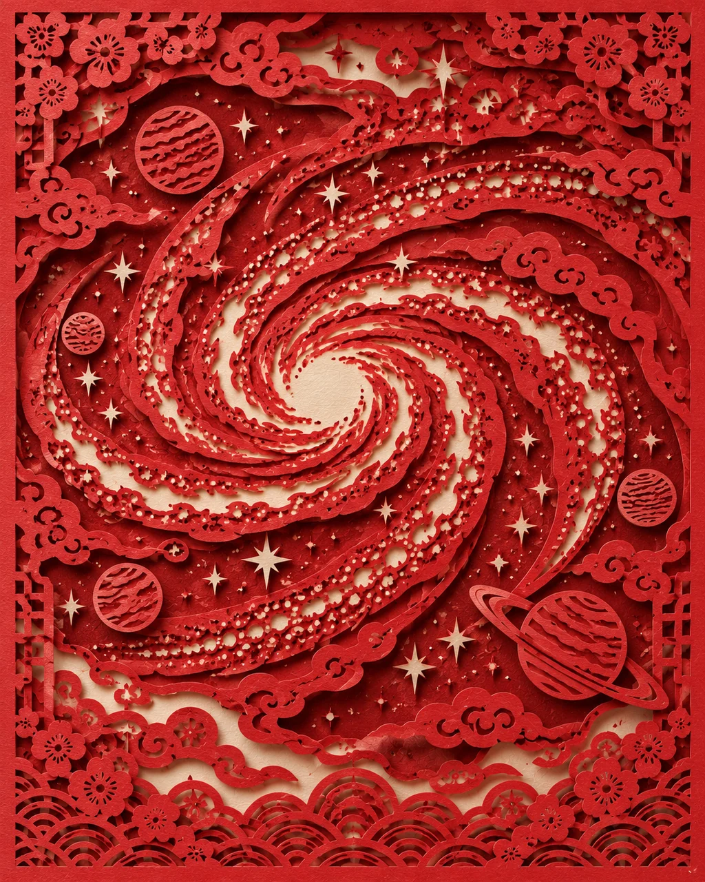 Spiral Galaxy · Traditional Red Paper-cut