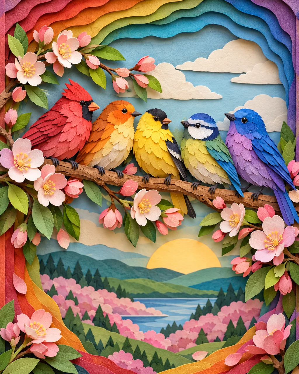Songbirds on a Branch · Rainbow Gradient Layers