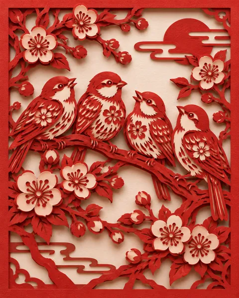Songbirds on a Branch · Traditional Red Paper-cut