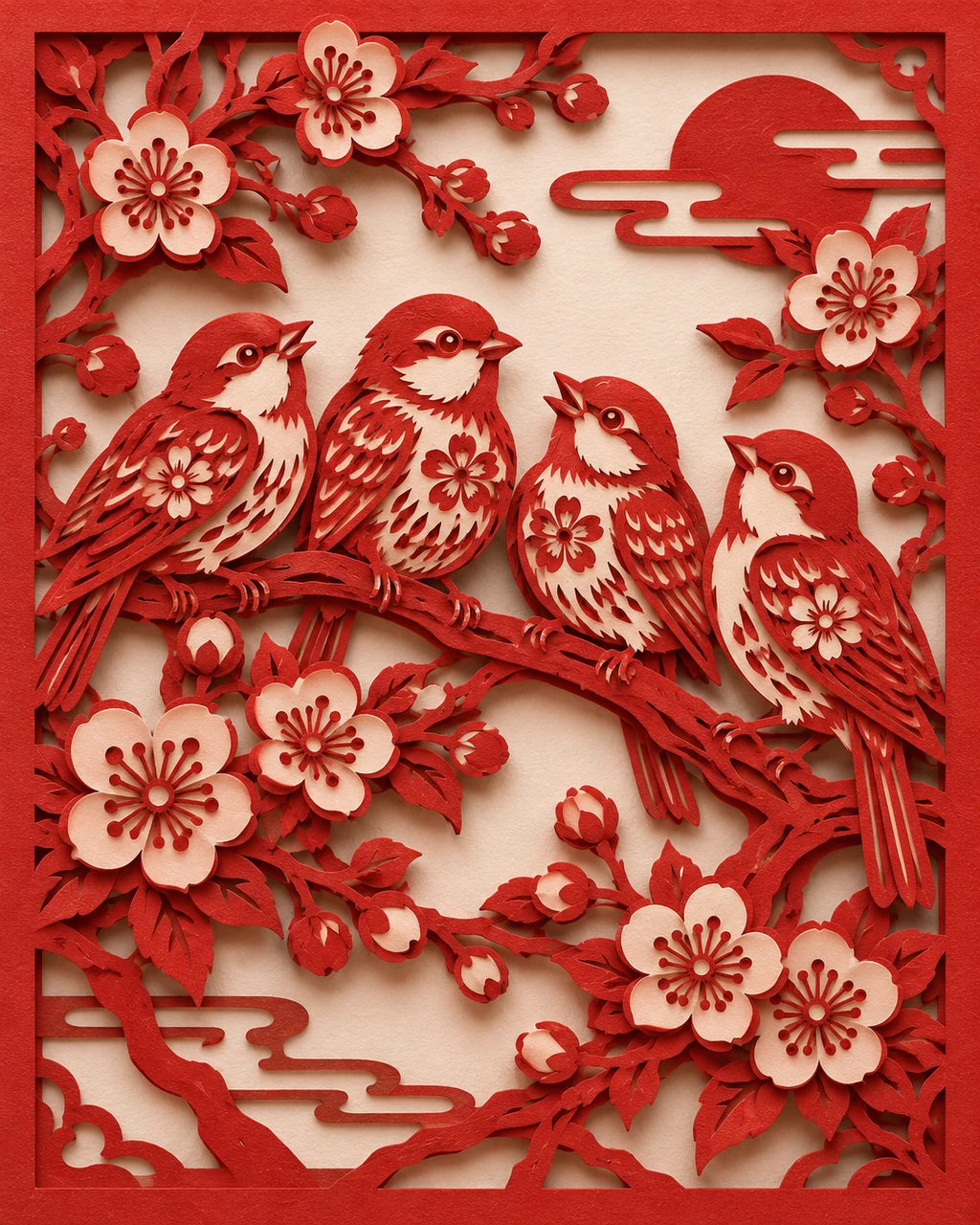 Songbirds on a Branch · Traditional Red Paper-cut