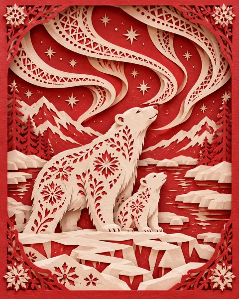 Polar Bears and Aurora · Traditional Red Paper-cut