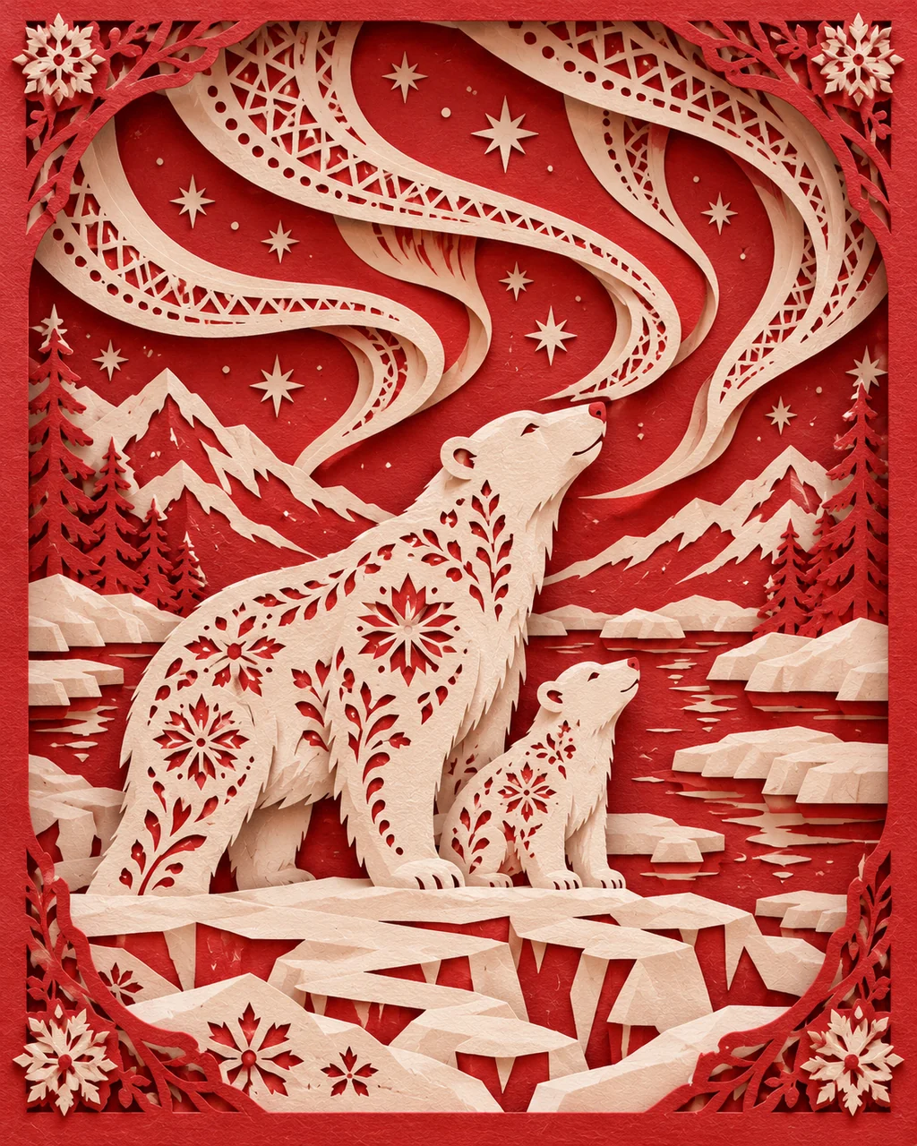 Polar Bears and Aurora · Traditional Red Paper-cut