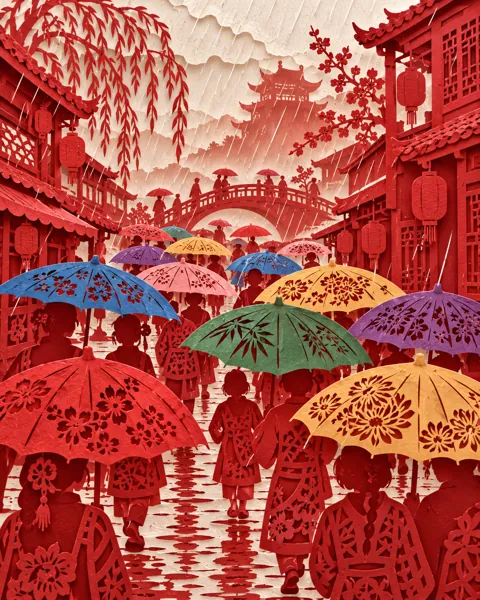 Rainy Day Umbrellas · Traditional Red Paper-cut