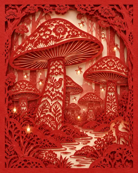 Mushroom Forest · Traditional Red Paper-cut